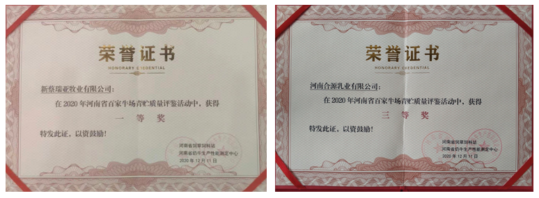 榮譽 | “百家牛場青貯質(zhì)量評鑒活動”花花牛新蔡瑞亞牧業(yè)、河南合源乳業(yè)分別榮獲一、三等獎